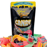 Yum Yum Candy Shop Ultimate Sour Belt Variety Mix with colorful sour belts spilling from the bag